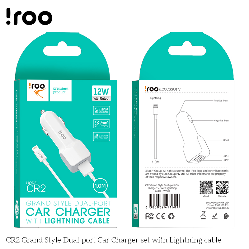 iRoo CR2 12W Car Charger /w Lightning Cable