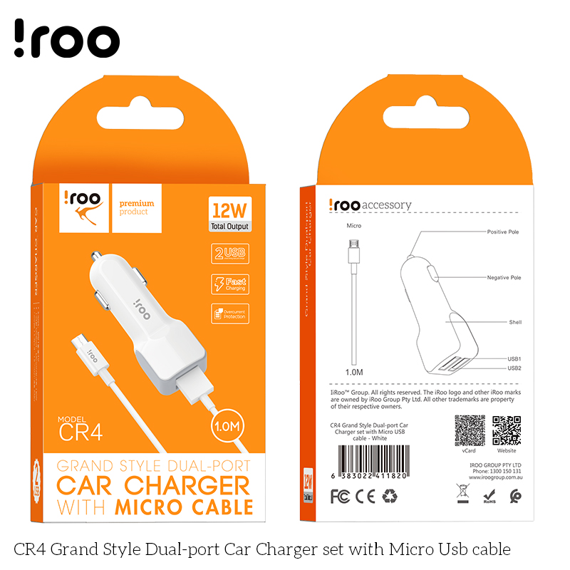 iRoo CR4 12W Char Charger /w Micro Cable