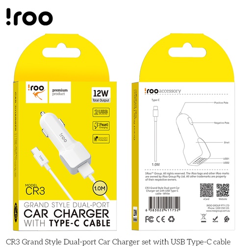 [CR-3] iRoo CR3 12W Car Charger /w Type-C Cable