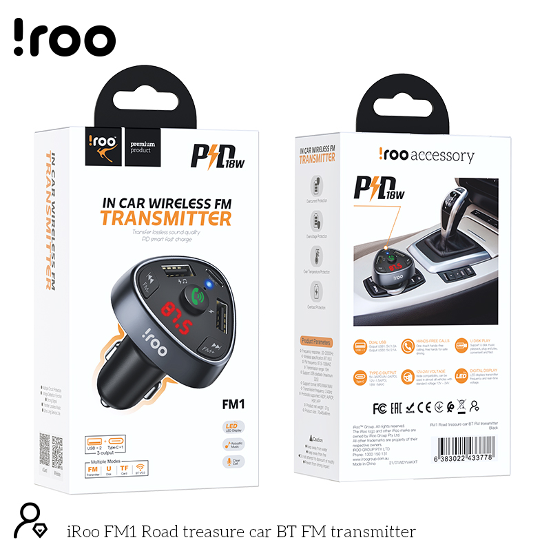 iRoo FM1 | PD Bluetooth FM Transmitter /w Mic for calls