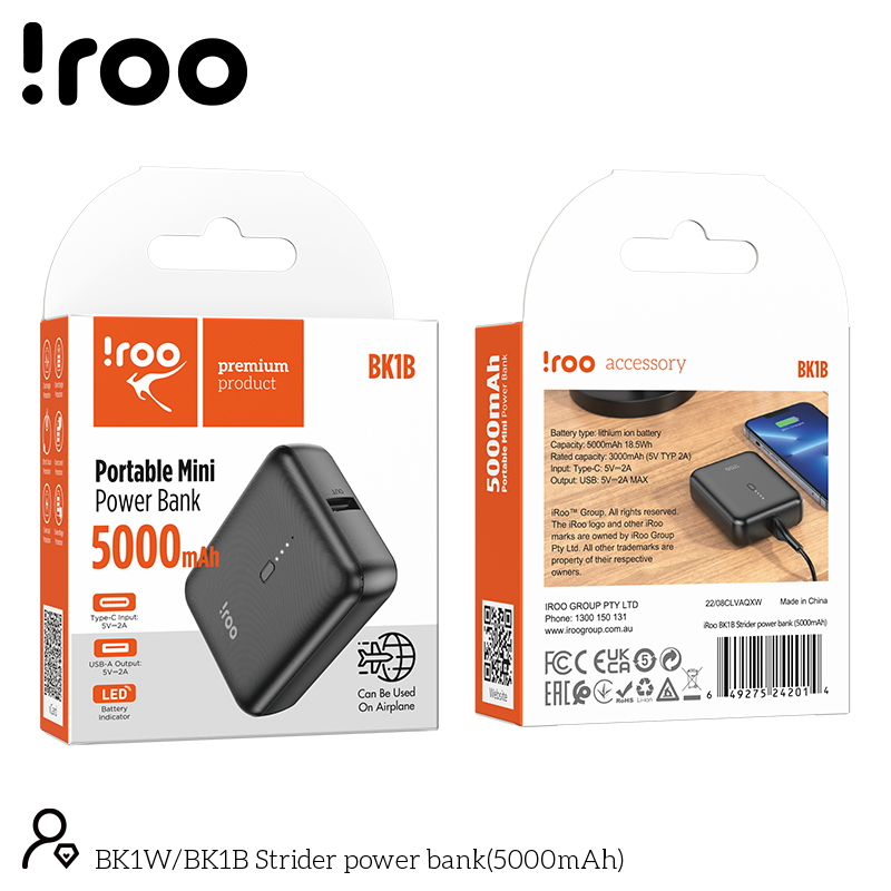 iRoo BK1B Mini | Strider Power Bank 5000mAh - Black