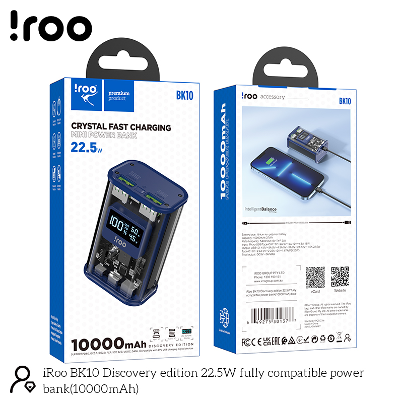 iRoo BK10 Powerbank| 10,000 mAh 22.5W (1xType-C, 2xUSB ports) - Blue