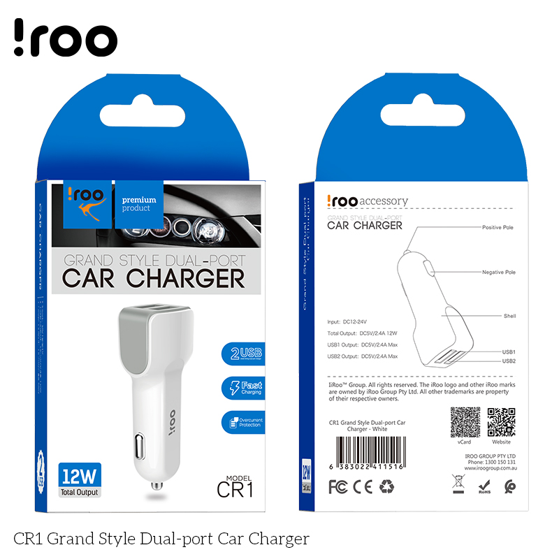 iRoo CR1 12W Dual Ports Car Charger Head