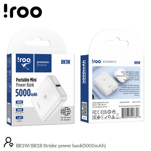 [BK1W] iRoo BK1B Mini | Strider Power Bank 5000mAh - White